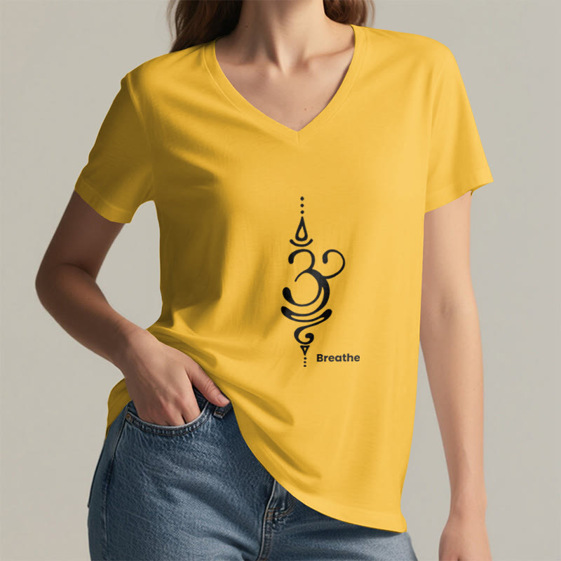 T-shirt Olivenorma Breathe Symbol pour femme, manches courtes, col en V, en coton, pour le yoga et la méditation - image 15