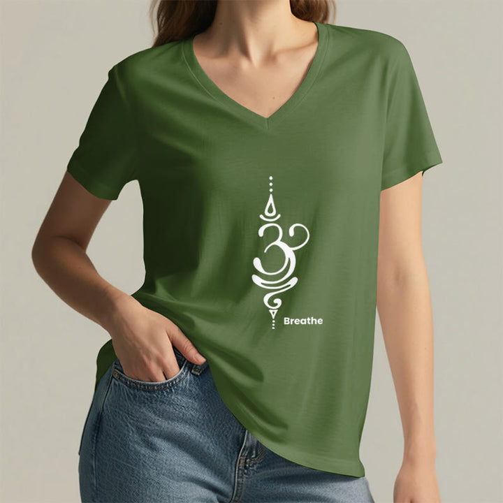 T-shirt Olivenorma Breathe Symbol pour femme, manches courtes, col en V, en coton, pour le yoga et la méditation - image 25