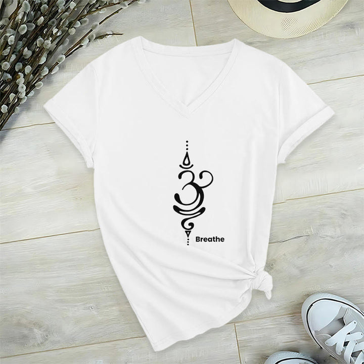 T-shirt Olivenorma Breathe Symbol pour femme, manches courtes, col en V, en coton, pour le yoga et la méditation - Blanc - 2XL - image 10