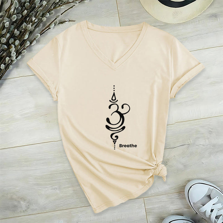 T-shirt Olivenorma Breathe Symbol pour femme, manches courtes, col en V, en coton, pour le yoga et la méditation - Beige - 2XL - image 12
