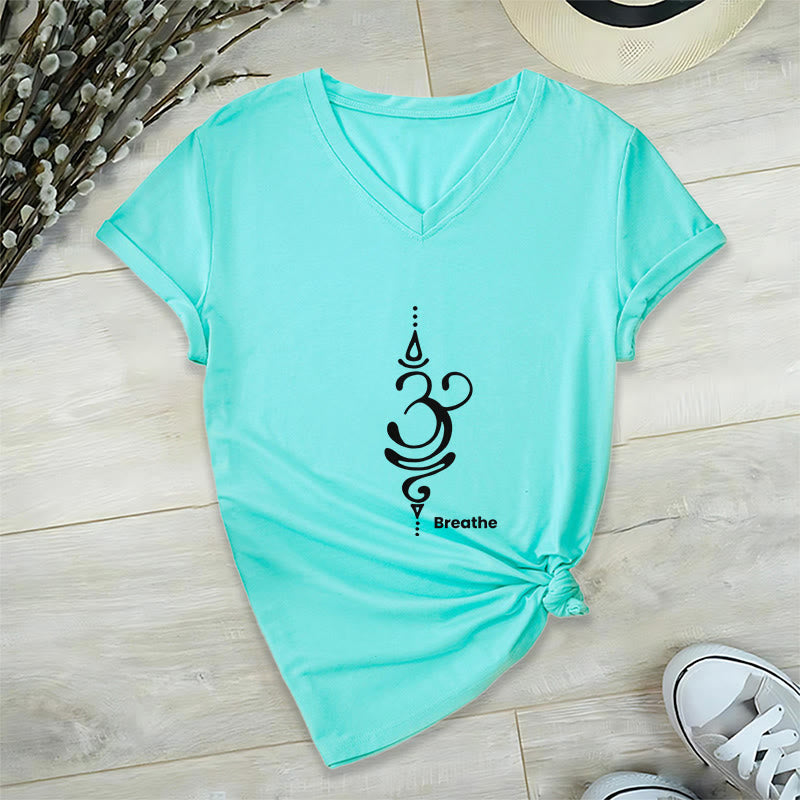 T-shirt de yoga et de méditation Olivenorma Breathe Symbol pour femme, manches courtes et col en V - Cyan - 2XL - image 15