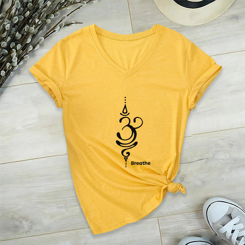 T-shirt Olivenorma Breathe Symbol pour femme, manches courtes, col en V, en coton, pour le yoga et la méditation - Jaune - 2XL - image 14