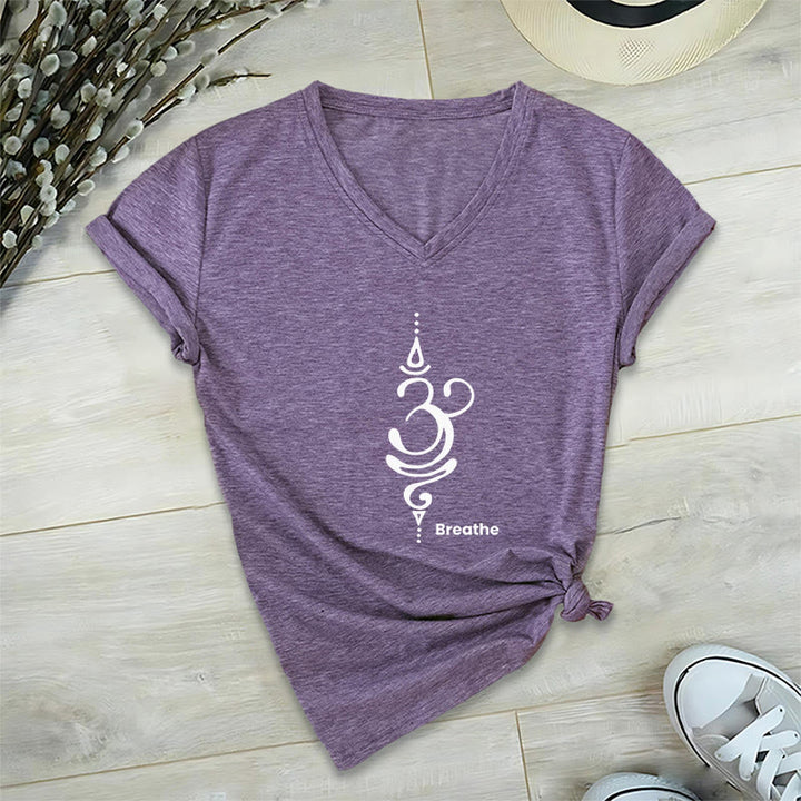 T-shirt Olivenorma Breathe Symbol pour femme, manches courtes, col en V, en coton, pour le yoga et la méditation - Violet - 2XL - image 20