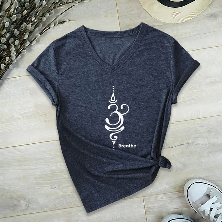 T-shirt Olivenorma Breathe Symbol pour femme, manches courtes, col en V, en coton, pour le yoga et la méditation - Marine - 2XL - image 22