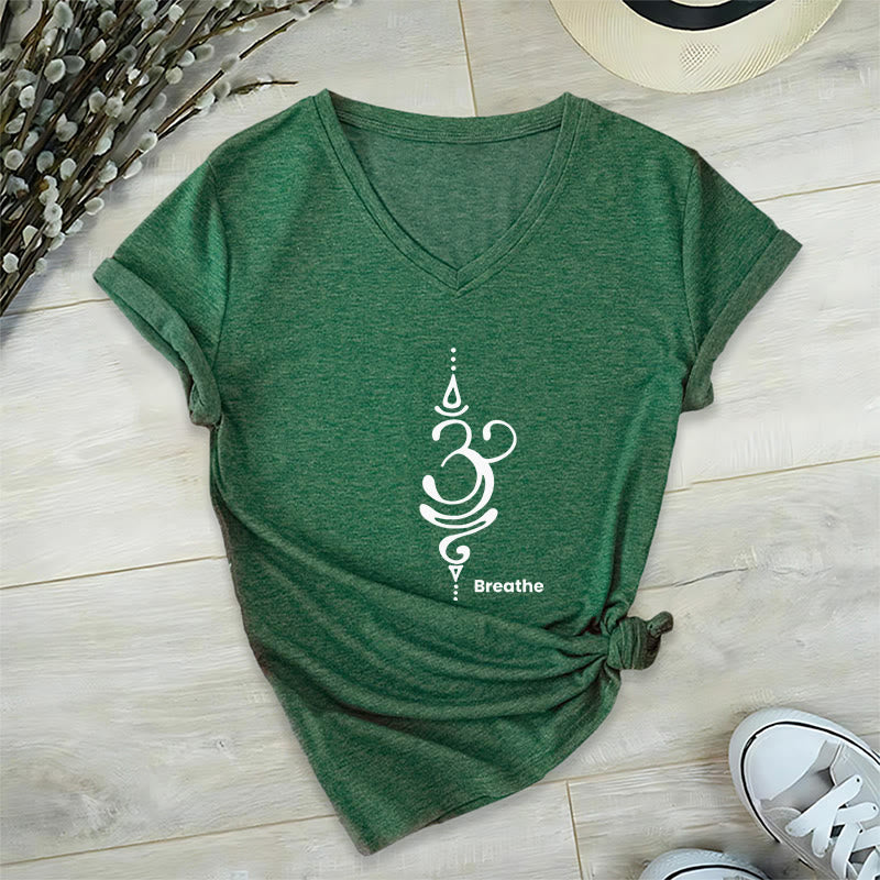 T-shirt Olivenorma Breathe Symbol pour femme, manches courtes, col en V, en coton, pour le yoga et la méditation - Vert - 2XL - image 18