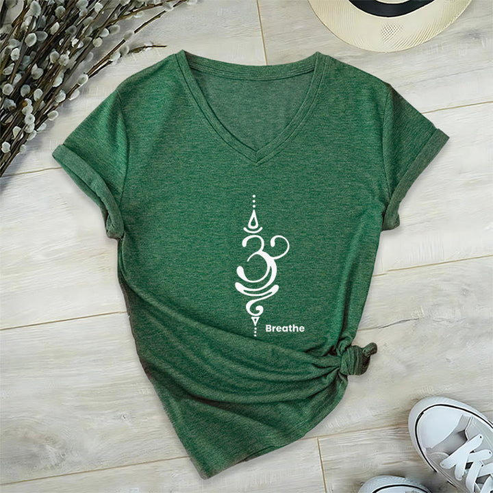T-shirt Olivenorma Breathe Symbol pour femme, manches courtes, col en V, en coton, pour le yoga et la méditation - Vert - 2XL - image 18