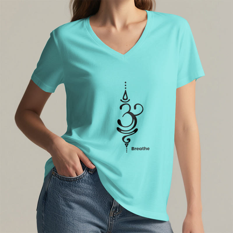 T-shirt Olivenorma Breathe Symbol pour femme, manches courtes, col en V, en coton, pour le yoga et la méditation - image 17