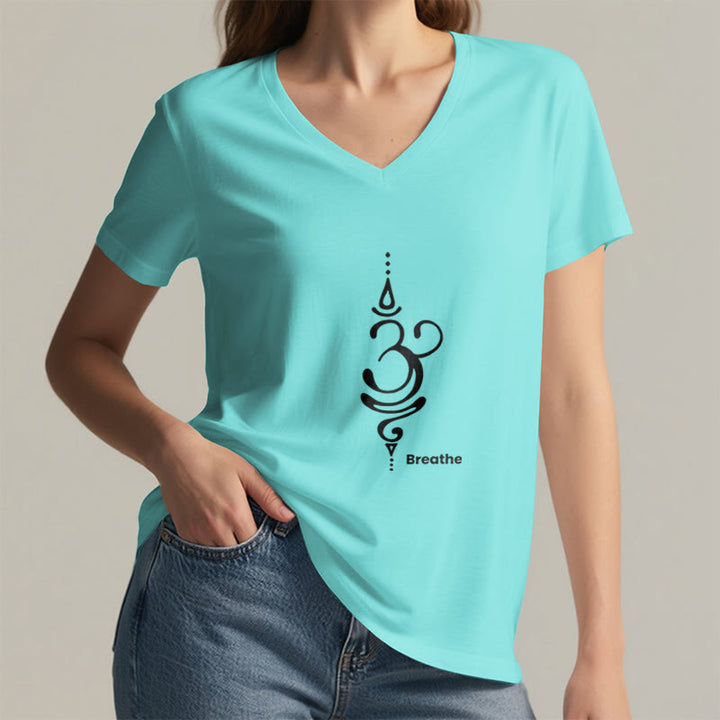 T-shirt Olivenorma Breathe Symbol pour femme, manches courtes, col en V, en coton, pour le yoga et la méditation - image 17