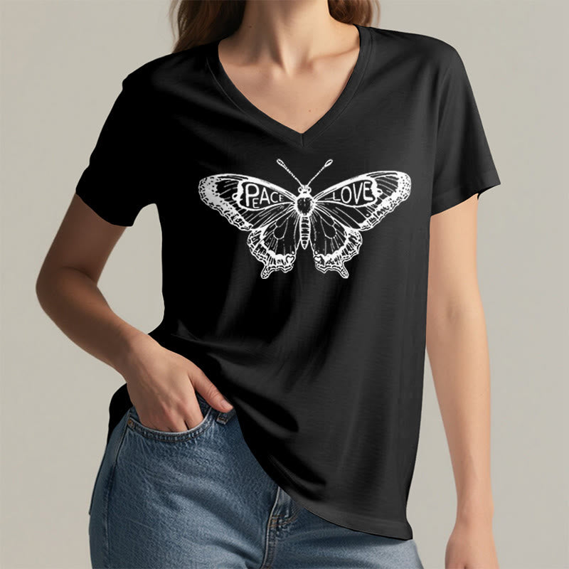 T-shirt en coton à manches courtes et col en V avec motif papillon PEACE & LOVE Olivenorma - image 9