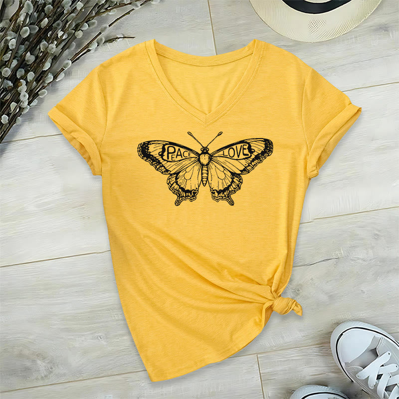 T-shirt en coton à manches courtes et col en V avec motif papillon PEACE & LOVE Olivenorma - Jaune - 2XL - image 1