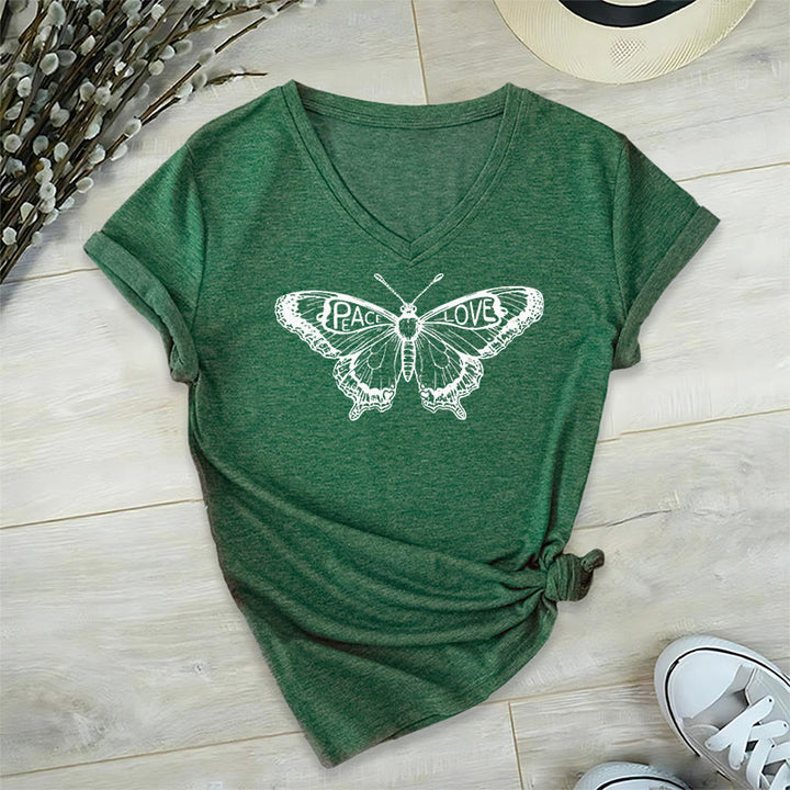T-shirt en coton à manches courtes et col en V avec motif papillon PEACE & LOVE Olivenorma - Vert - 2XL - image 16