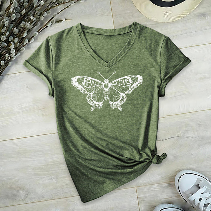 T-shirt en coton à manches courtes et col en V avec motif papillon PEACE & LOVE Olivenorma - Olive - 2XL - image 24