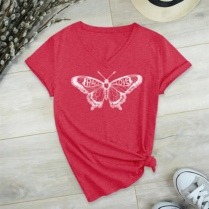 T-shirt en coton à manches courtes et col en V avec motif papillon PEACE & LOVE Olivenorma - Rouge - 2XL - image 28
