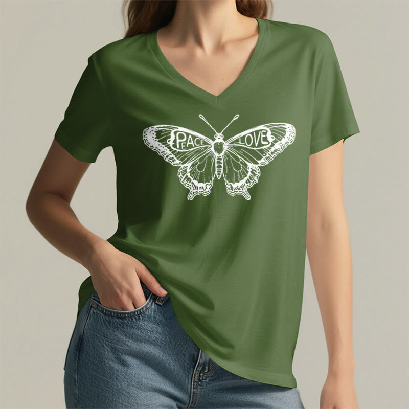 T-shirt en coton à manches courtes et col en V avec motif papillon PEACE & LOVE Olivenorma - image 25