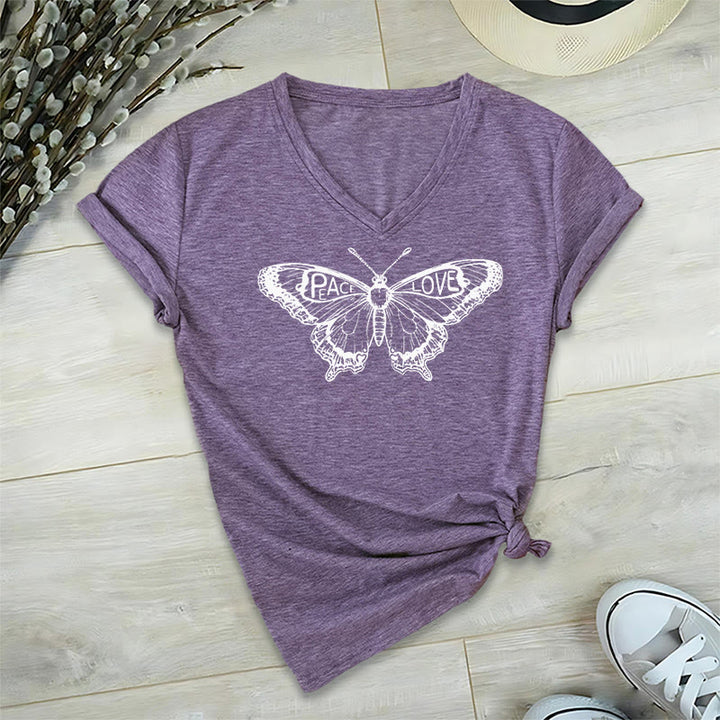 T-shirt en coton à manches courtes et col en V avec motif papillon PEACE & LOVE Olivenorma - Violet - 2XL - image 18