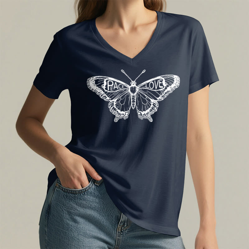 T-shirt en coton à manches courtes et col en V avec motif papillon PEACE & LOVE Olivenorma - image 21