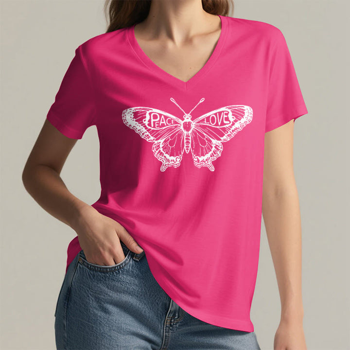 T-shirt en coton à manches courtes et col en V avec motif papillon PEACE & LOVE Olivenorma - image 31