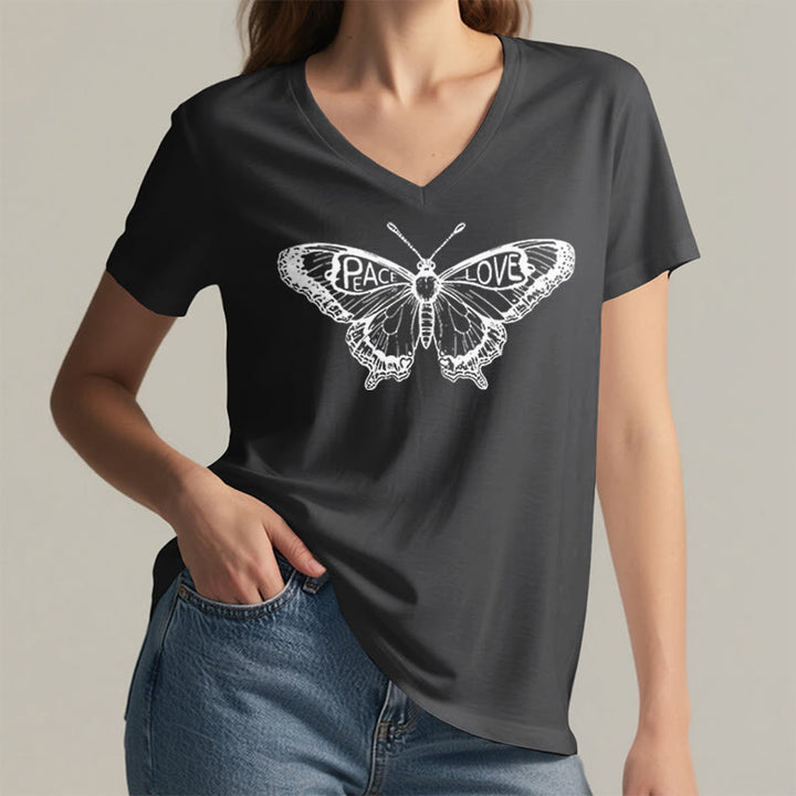 T-shirt en coton à manches courtes et col en V avec motif papillon PEACE & LOVE Olivenorma - image 23