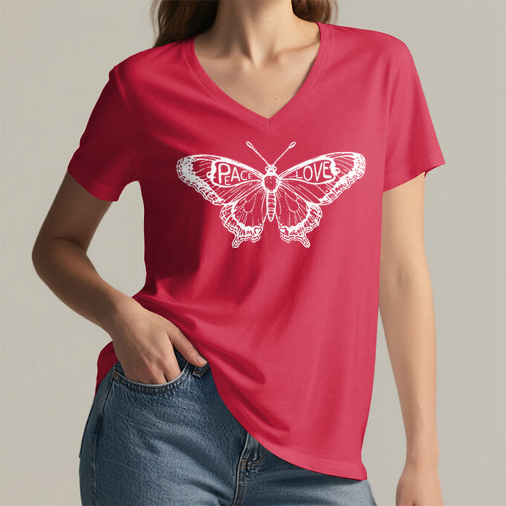 T-shirt en coton à manches courtes et col en V avec motif papillon PEACE & LOVE Olivenorma - image 29