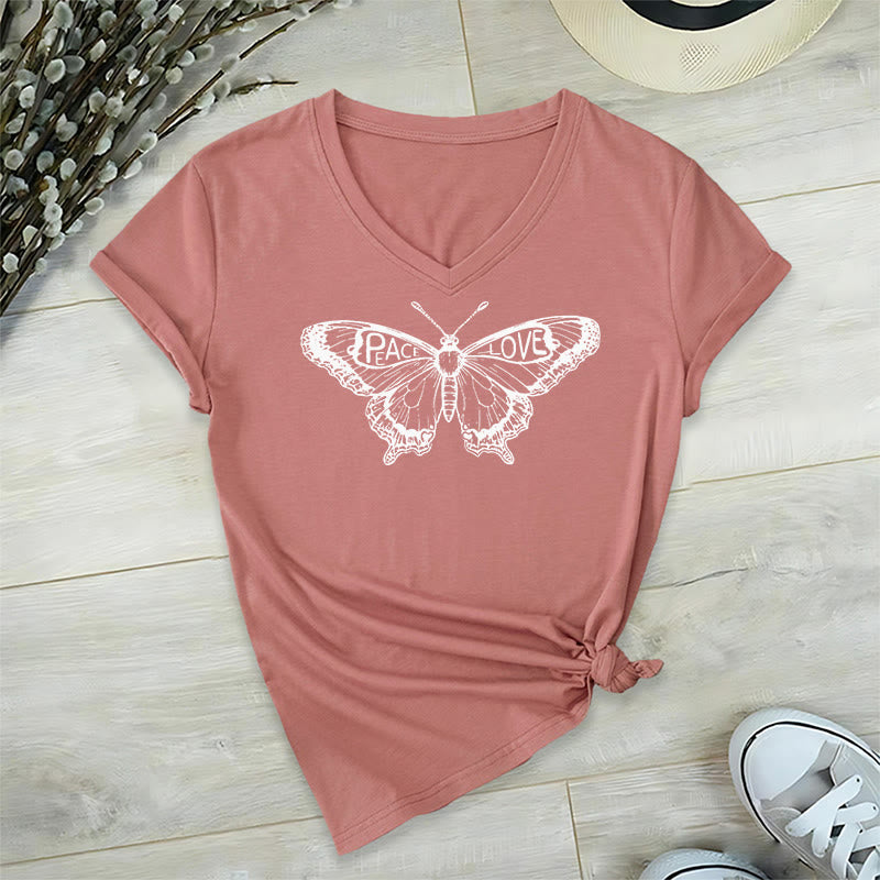 T-shirt en coton à manches courtes et col en V avec motif papillon PEACE & LOVE Olivenorma - Rose - 2XL - image 26