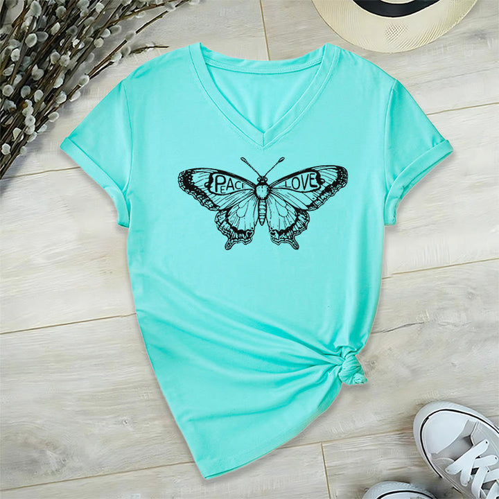 T-shirt en coton à manches courtes et col en V avec motif papillon PEACE & LOVE Olivenorma - Cyan - 2XL - image 14