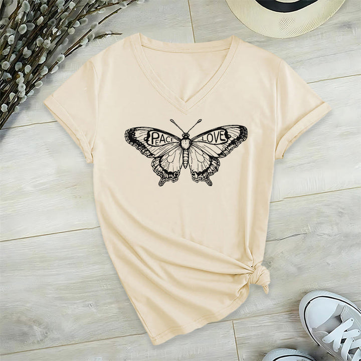 T-shirt en coton à manches courtes et col en V avec motif papillon PEACE & LOVE Olivenorma - Beige - 2XL - image 12