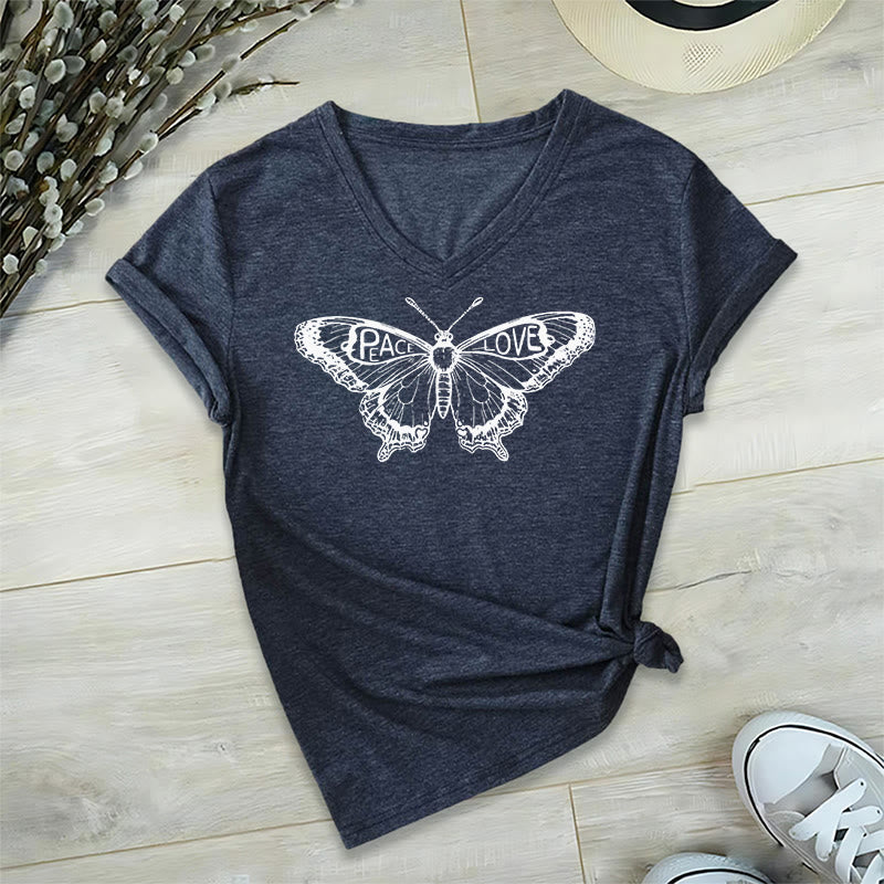 T-shirt en coton à manches courtes et col en V avec motif papillon PEACE & LOVE Olivenorma - Marine - 2XL - image 20
