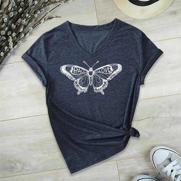 T-shirt en coton à manches courtes et col en V avec motif papillon PEACE & LOVE Olivenorma - Marine - 2XL - image 20