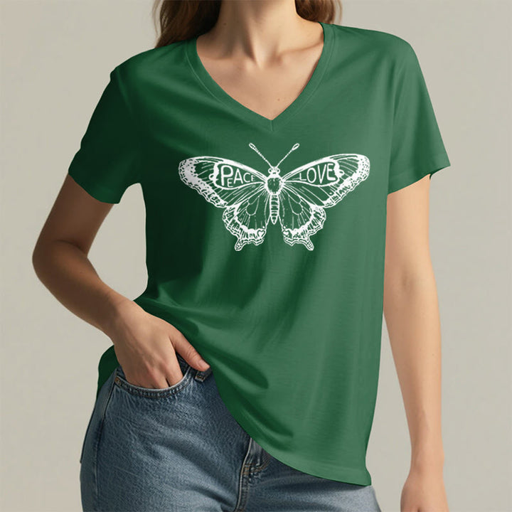 T-shirt en coton à manches courtes et col en V avec motif papillon PEACE & LOVE Olivenorma - image 17