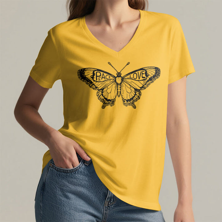 T-shirt en coton à manches courtes et col en V avec motif papillon PEACE & LOVE Olivenorma - image 2