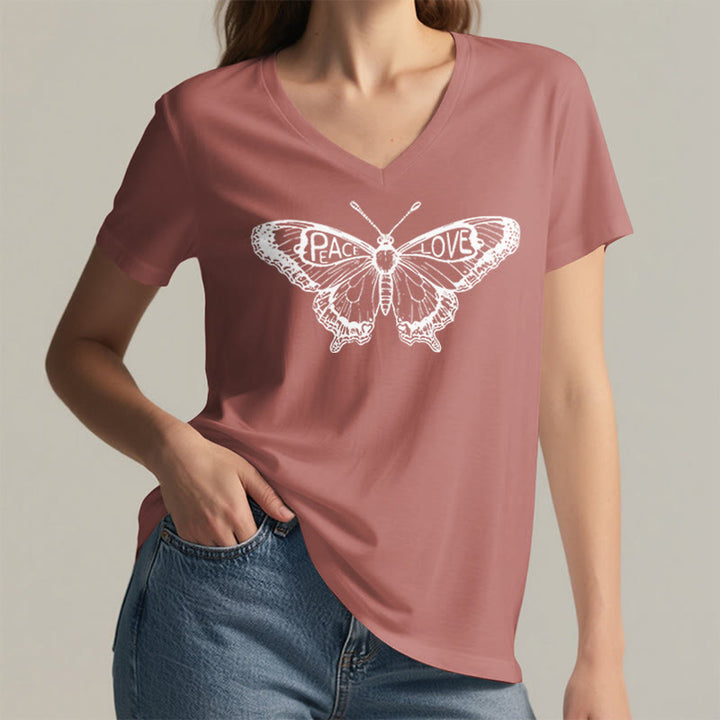 T-shirt en coton à manches courtes et col en V avec motif papillon PEACE & LOVE Olivenorma - image 27