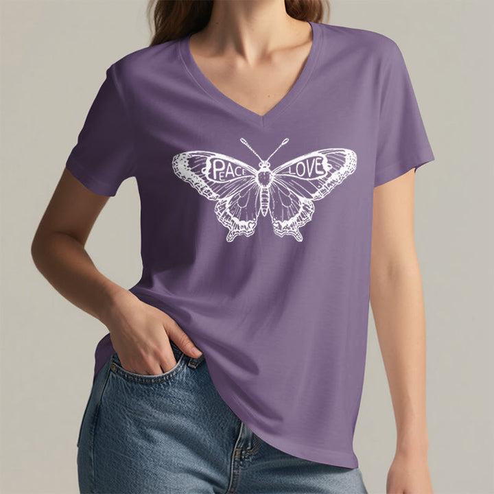 T-shirt en coton à manches courtes et col en V avec motif papillon PEACE & LOVE Olivenorma - image 19