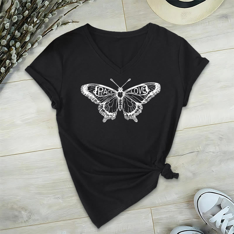 T-shirt en coton à manches courtes et col en V avec motif papillon PEACE & LOVE Olivenorma - Noir - 2XL - image 8