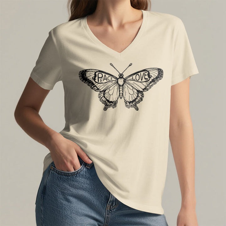 T-shirt en coton à manches courtes et col en V avec motif papillon PEACE & LOVE Olivenorma - image 13