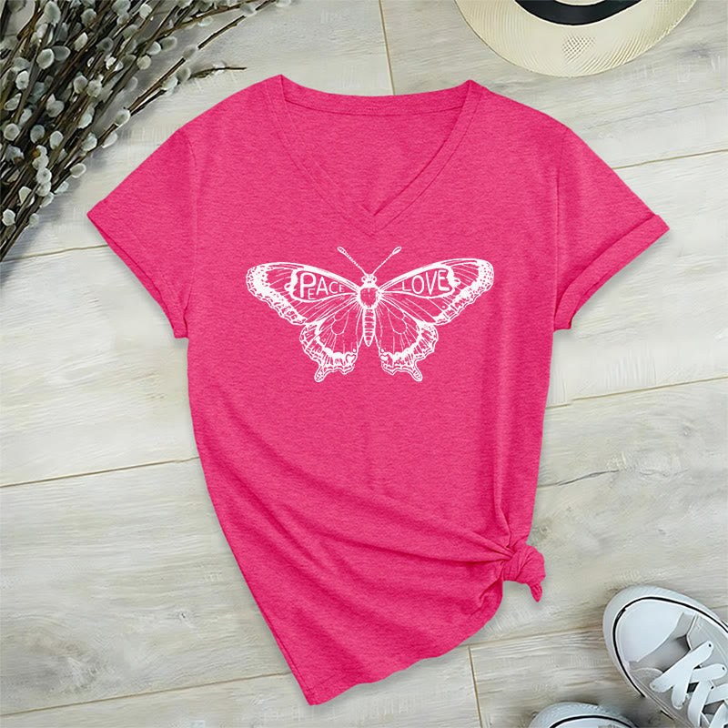 T-shirt en coton à manches courtes et col en V avec motif papillon PEACE & LOVE Olivenorma - Rose vif - 2XL - image 30