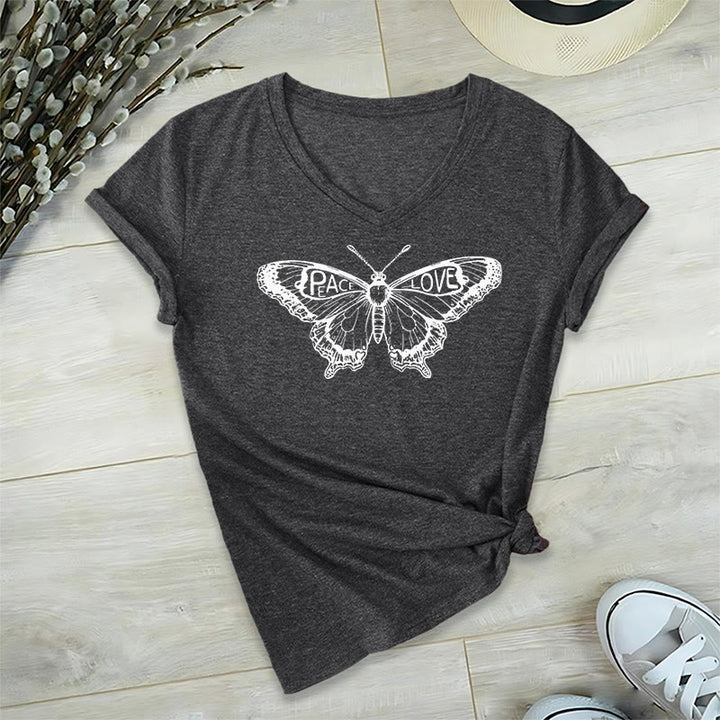 T-shirt en coton à manches courtes et col en V avec motif papillon PEACE & LOVE Olivenorma - Gris - 2XL - image 22