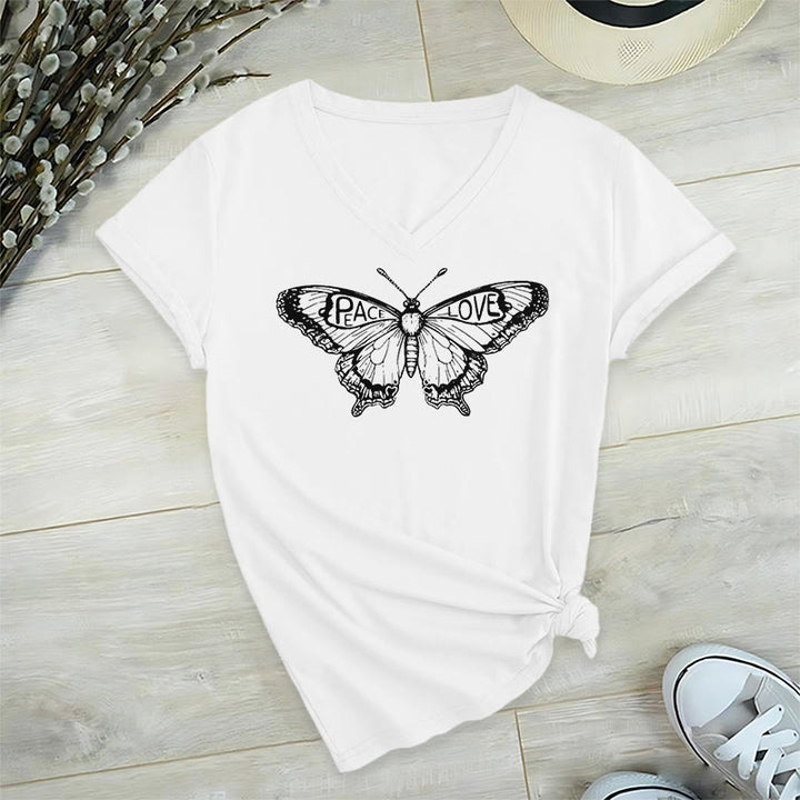 T-shirt en coton à manches courtes et col en V avec motif papillon PEACE & LOVE Olivenorma - Blanc - 2XL - image 10