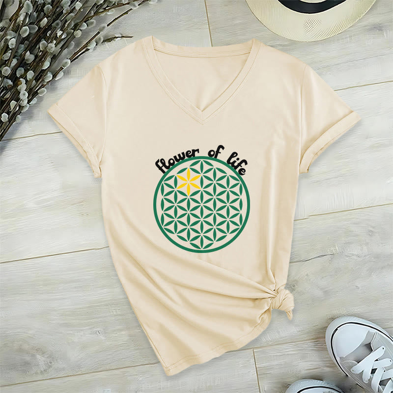 T-shirt décontracté à col en V avec imprimé floral bohème Olivenorma - Beige - 2XL - image 1