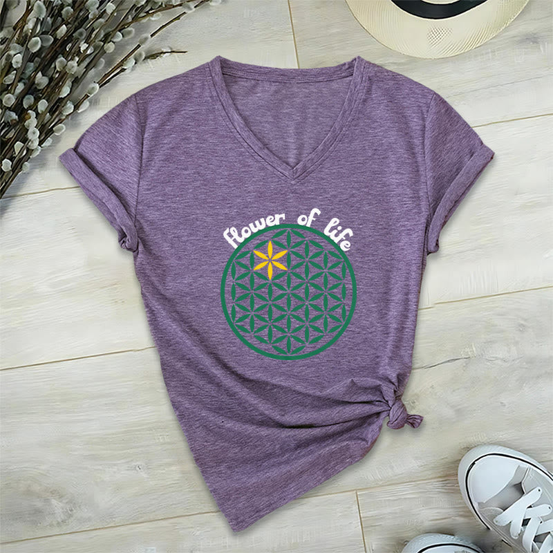 T-shirt décontracté à col en V avec imprimé floral bohème Olivenorma - Violet - 2XL - image 17