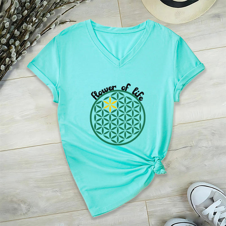 T-shirt décontracté à col en V avec imprimé floral bohème Olivenorma - Cyan - 2XL - image 13