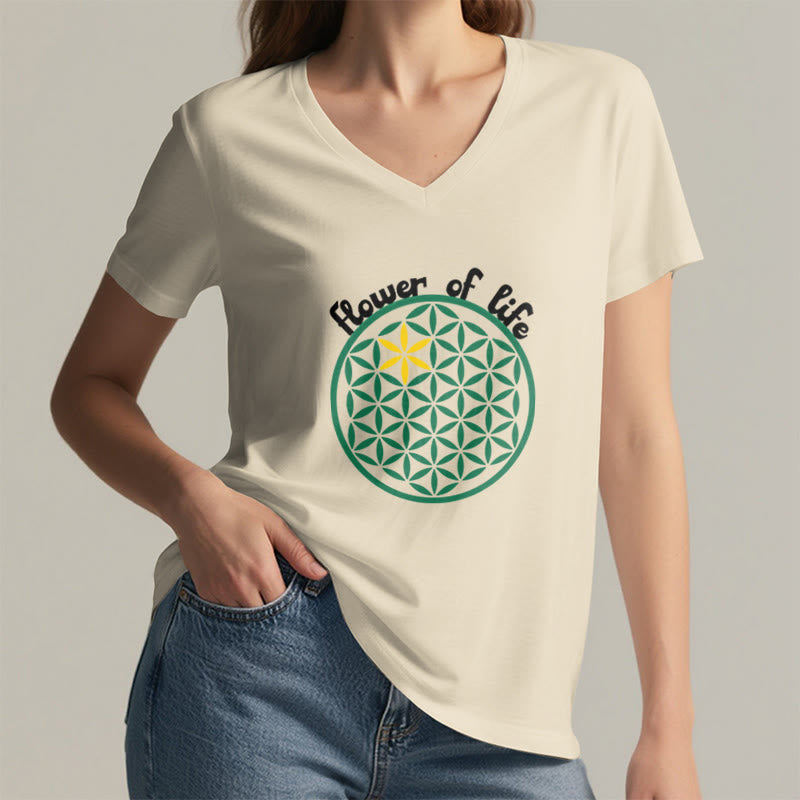 T-shirt décontracté à col en V avec imprimé floral bohème Olivenorma - image 1