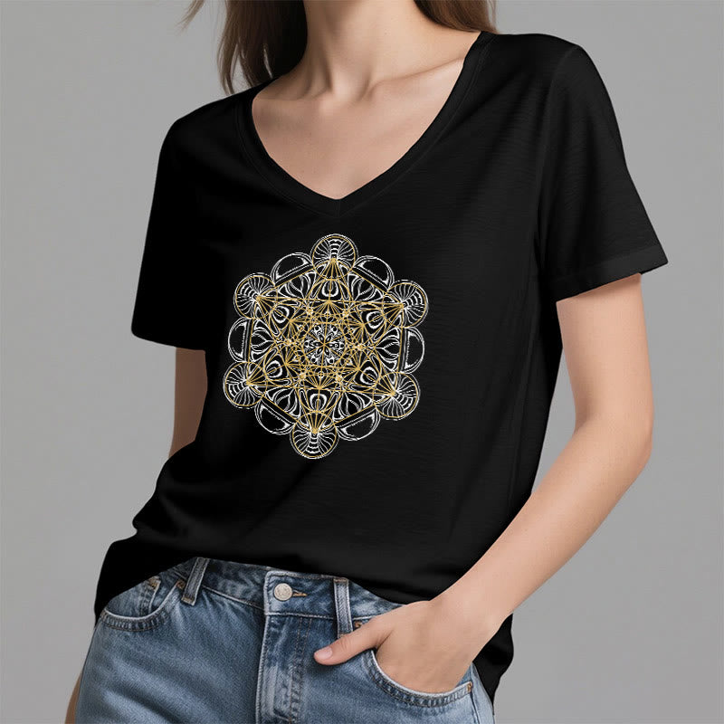T-shirt graphique doux Olivenorma , t-shirts spirituels à col en V, motif cube de Métatron - image 2