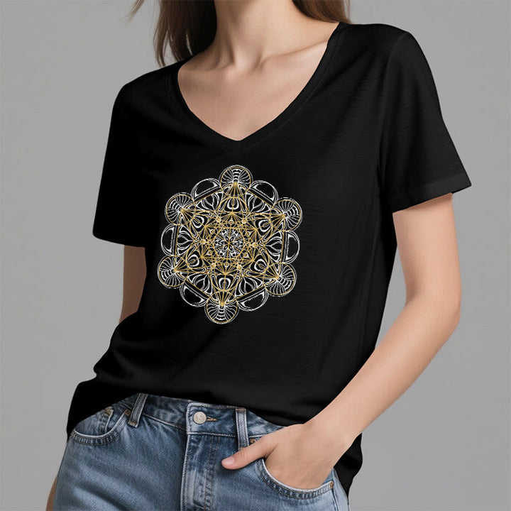 T-shirt graphique doux Olivenorma , t-shirts spirituels à col en V, motif cube de Métatron - image 2