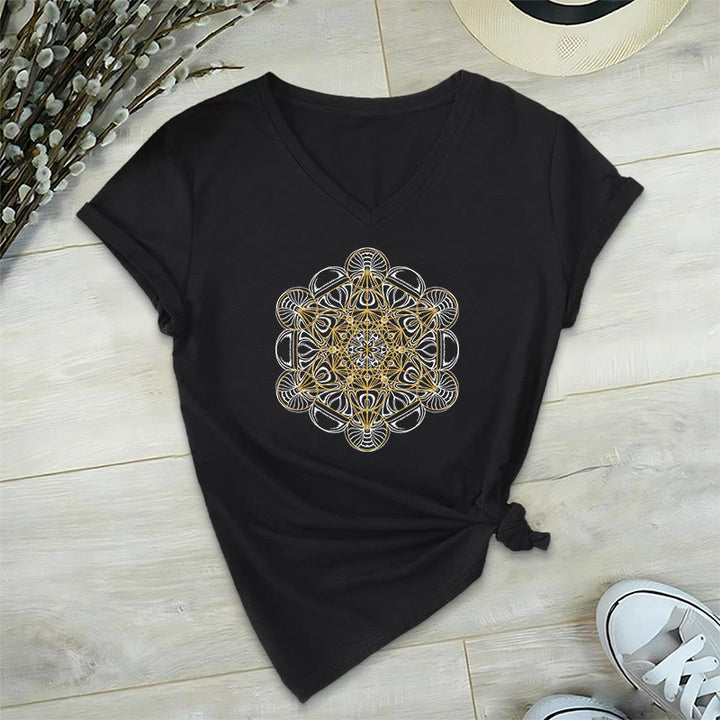 T-shirt graphique doux Olivenorma , t-shirts spirituels à col en V, motif cube de Métatron - Noir - 2XL - image 0