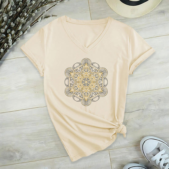 T-shirt graphique doux Olivenorma , t-shirts spirituels à col en V, motif cube de Métatron - Beige - 2XL - image 12