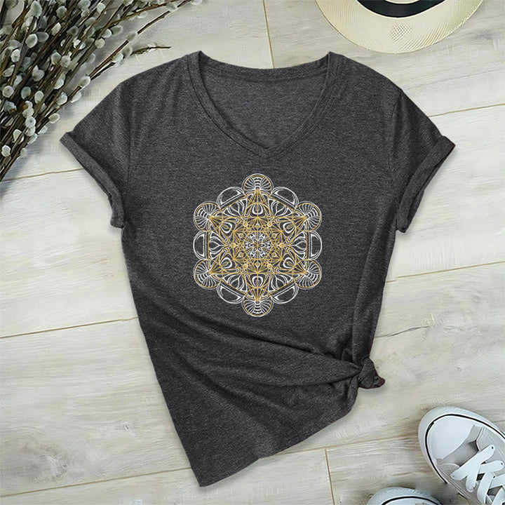 T-shirt graphique doux Olivenorma , t-shirts spirituels à col en V, motif cube de Métatron - Gris - 2XL - image 14