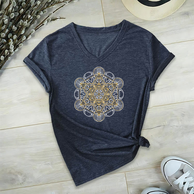 T-shirt graphique doux Olivenorma , t-shirts spirituels à col en V, motif cube de Métatron - Marine - 2XL - image 16