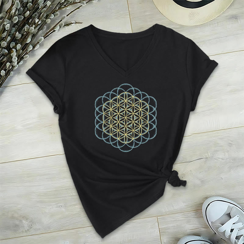 T-shirt à col en V imprimé géométrique « Fleur de vie » Olivenorma , attrape-rêves et éloigne le mal - Noir - 2XL - image 9