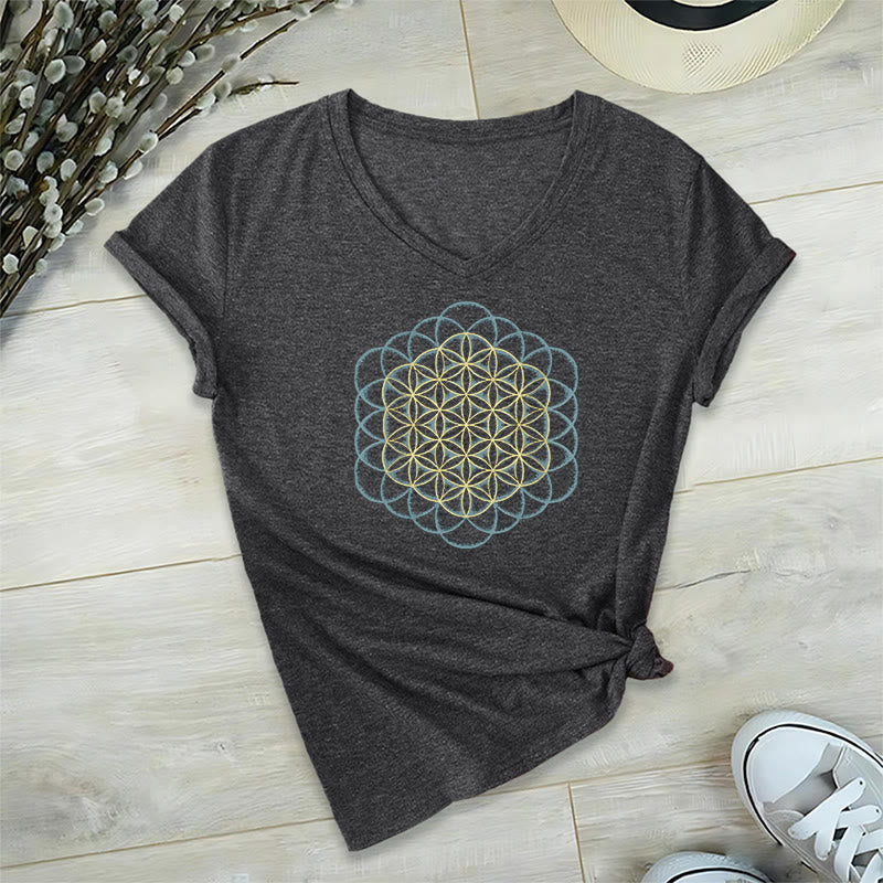 T-shirt à col en V imprimé géométrique « Fleur de vie » Olivenorma , attrape-rêves et éloigne le mal - Gris - 2XL - image 11
