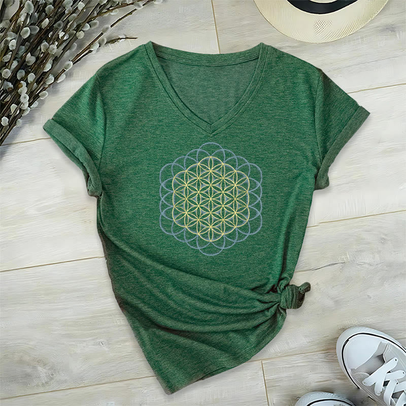 T-shirt à col en V imprimé géométrique « Fleur de vie » Olivenorma , attrape-rêves et éloigne le mal - Vert - 2XL - image 20